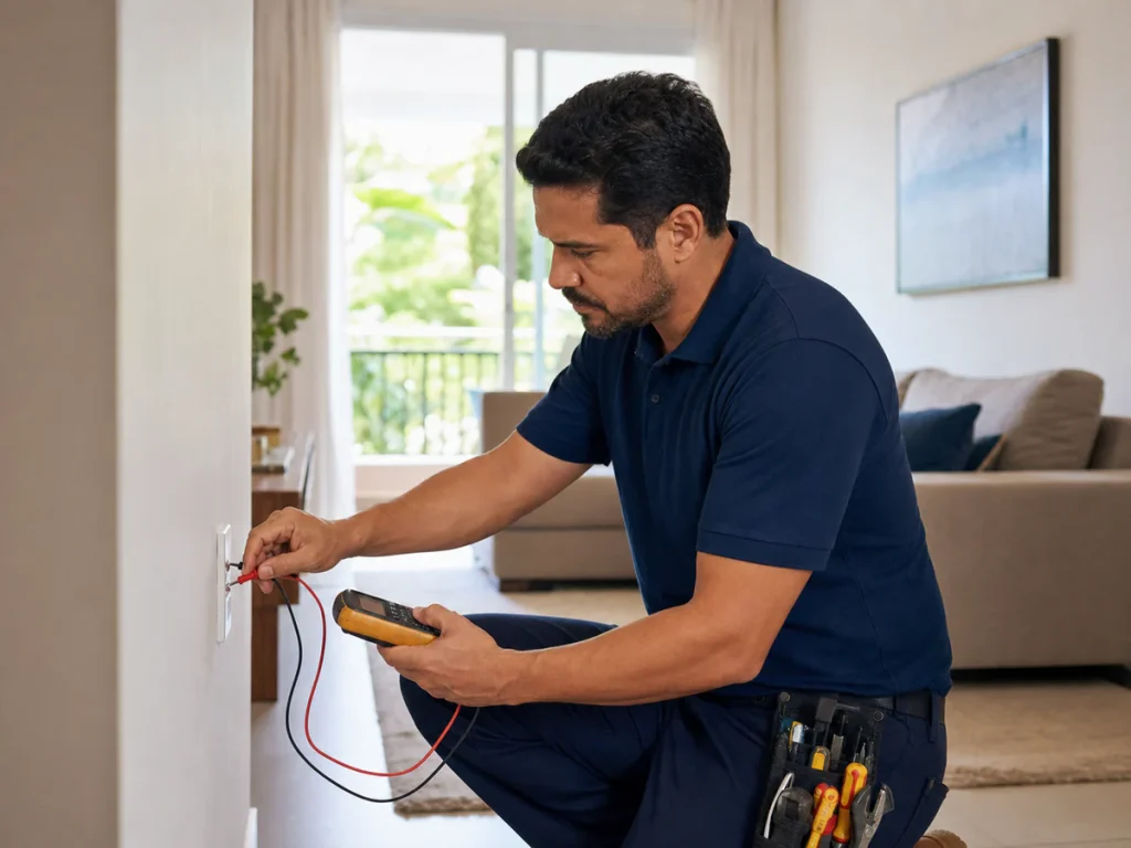 Eletricista realizando diagnóstico em tomada residencial em Ribeirão Preto